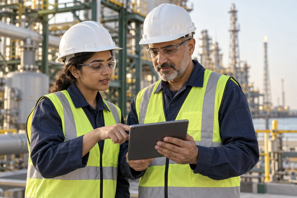 A young safety professional and an experienced engineer reviewing a tablet together