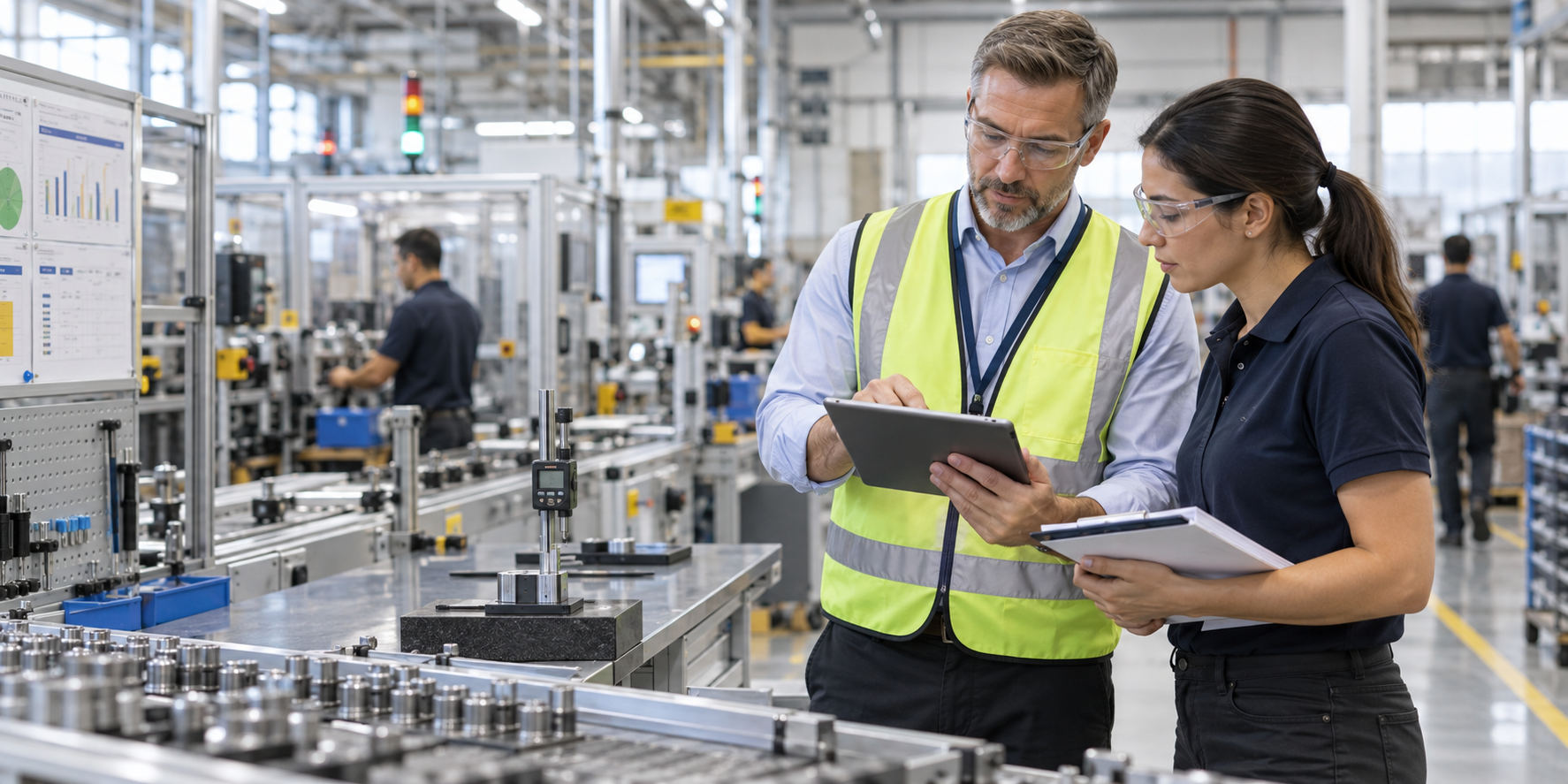 A lead auditor and production supervisor reviewing quality records on a tablet beside a factory production line